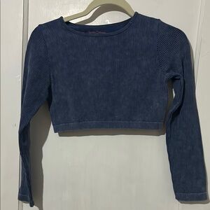 Blue Long Sleeve Crew Neck Crop Top